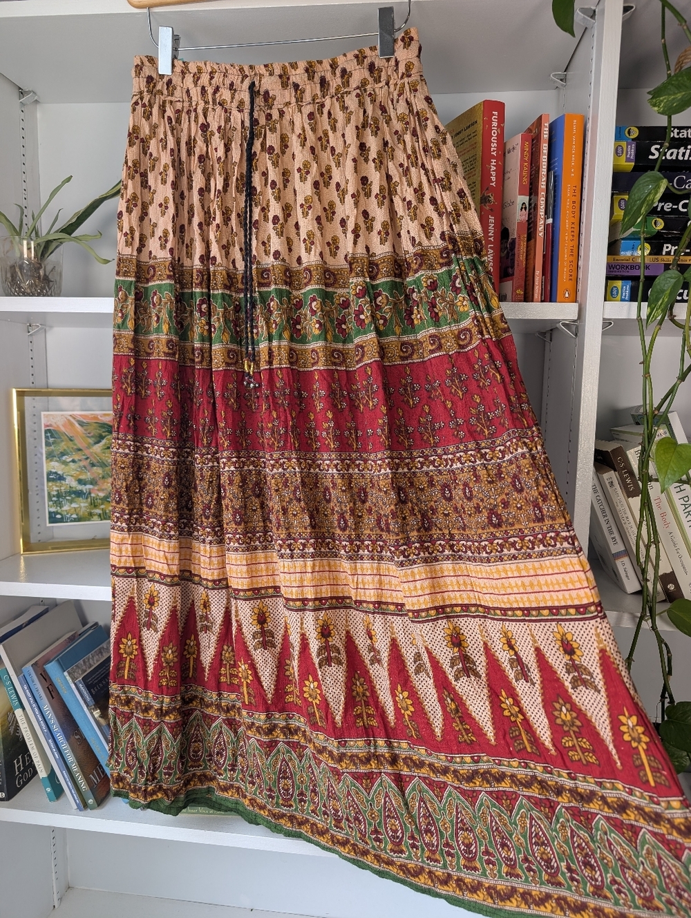 Bohemian Maxi Skirt Red Cream Size Medium Boho Summer Festival